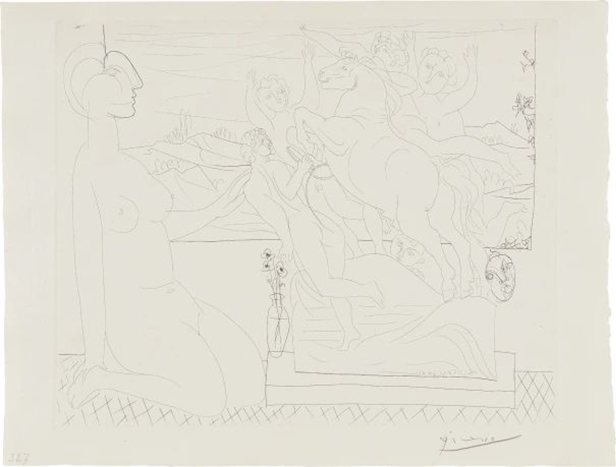 Modèle contemplant un Groupe sculpté (Model Contemplating a Sculpture), plate 66, from La Suite Vollard by Pablo Picasso