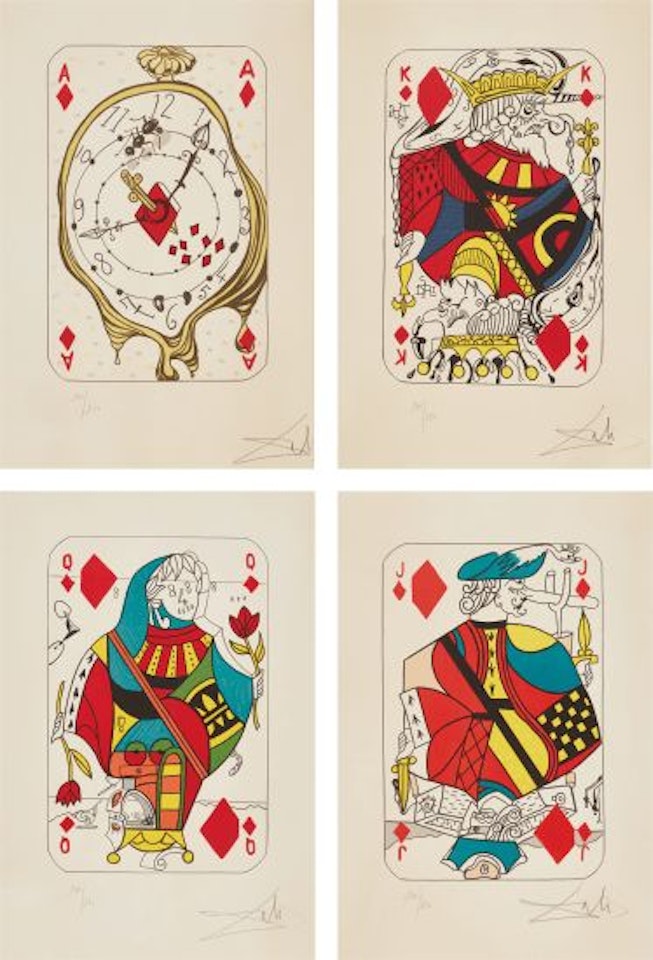 Playing Cards: Ace of Diamonds; King of Diamonds; Queen of Diamonds; and Jack of Diamonds, from Playing-Cards by Salvador Dali