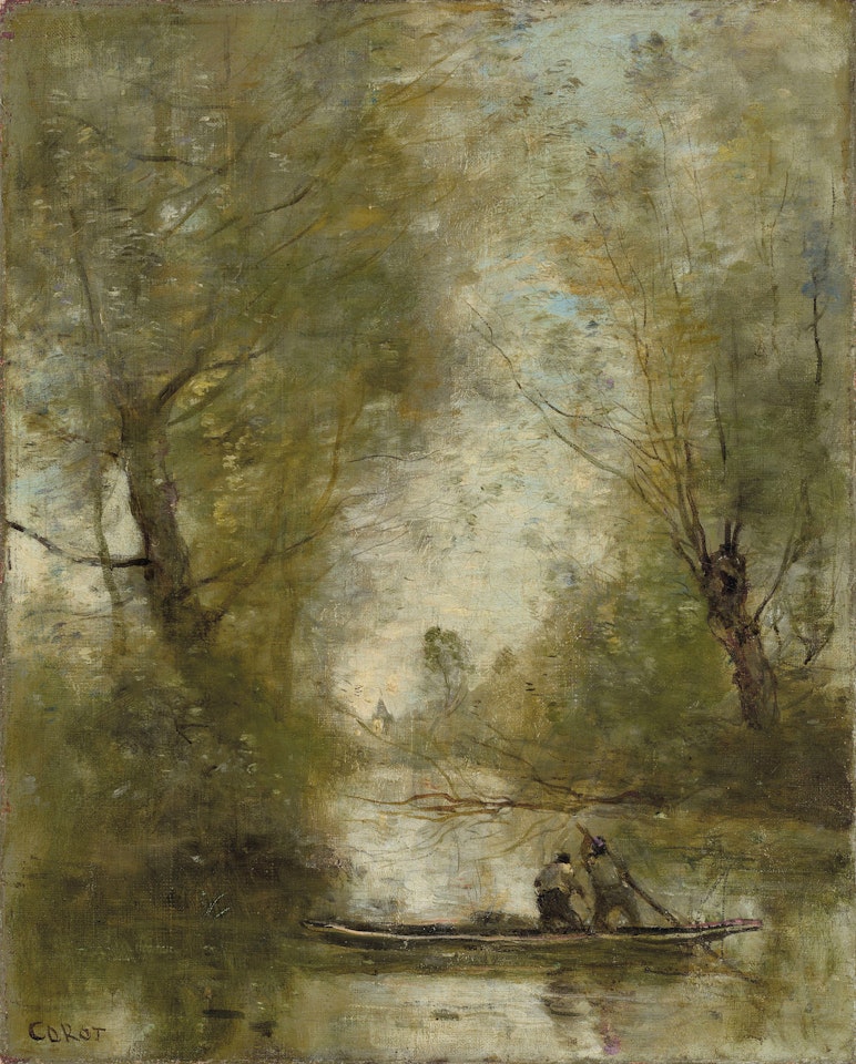 Deux bataliers en rivière by Jean Baptiste Camille Corot