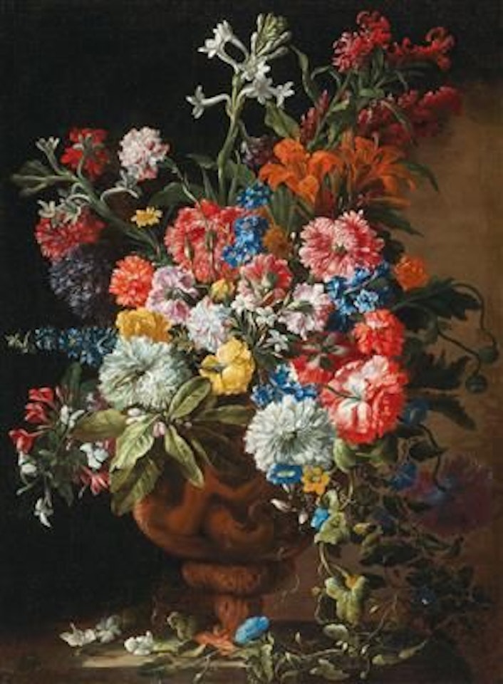 Carnations, lillies, nigellas and other flowers in a decorative terracotta vase on a stone ledge by Abraham Brueghel