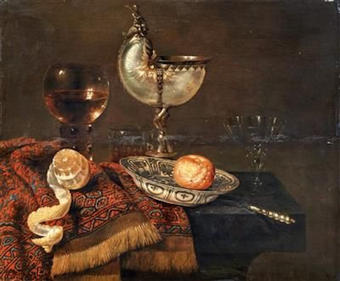 A clementine in a porcelain bowl, a nautilus cup, a roemer, two glasses, a knife, a peeled lemon on an ornamental carpet on a table by Willem Claesz Heda