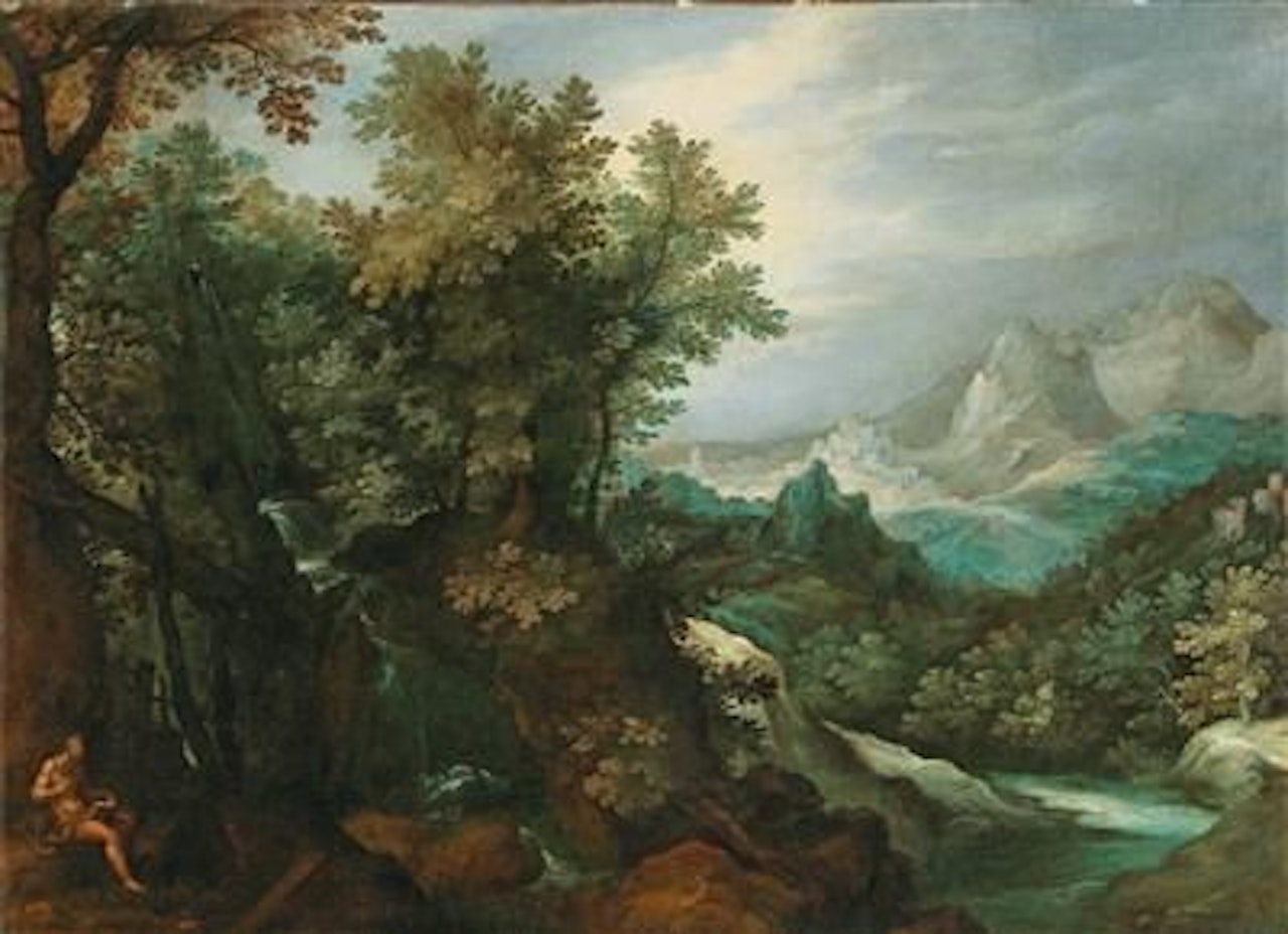 A mountainous river landscape with a hermit by Paul Bril