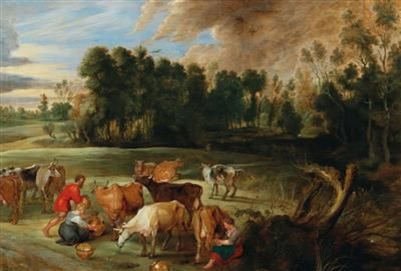 A wooded landscape with farmers and their cattle by Workshop of Peter Paul Rubens
