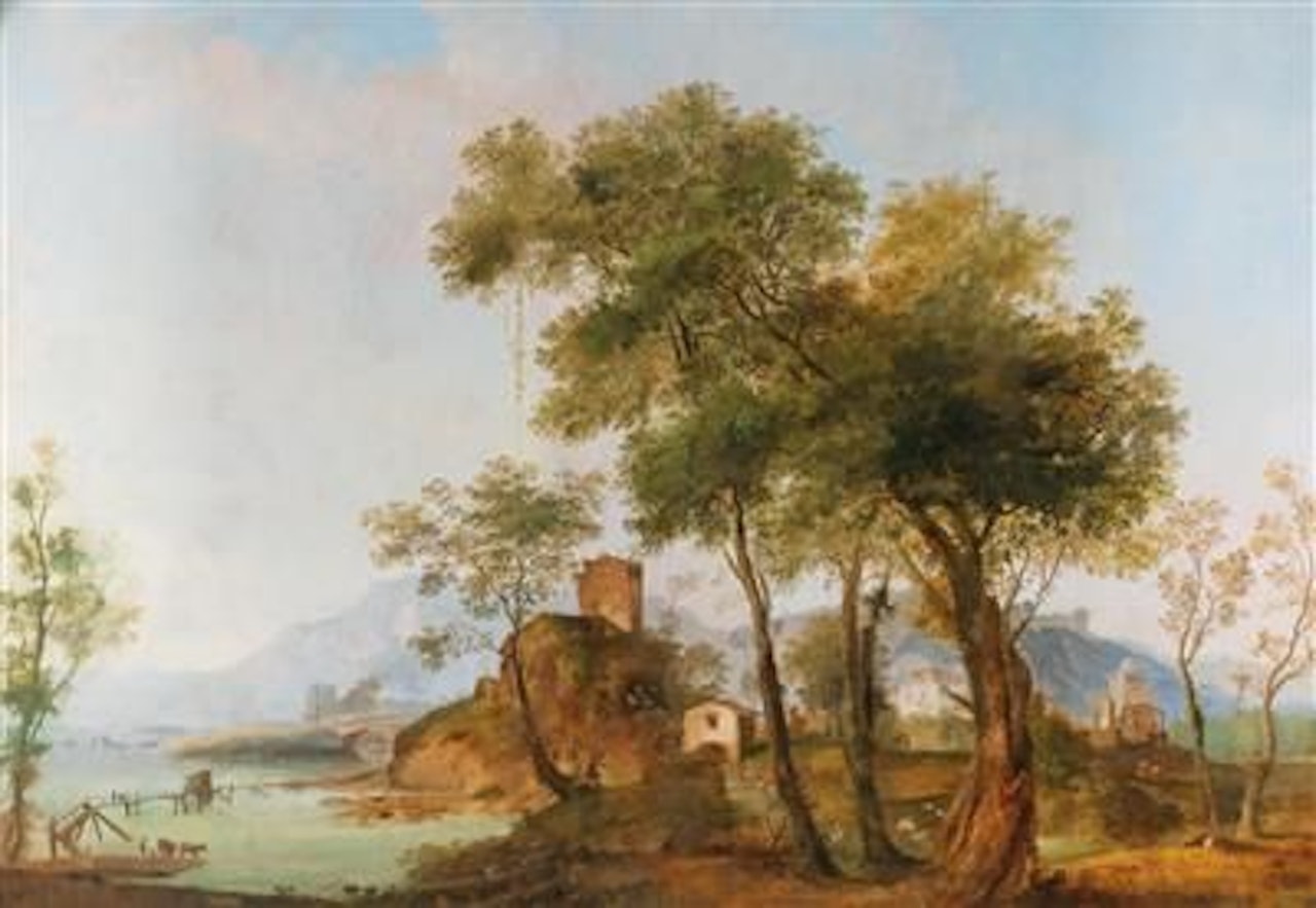 A bucolic river landscape by Giuseppe Bernardino Bison