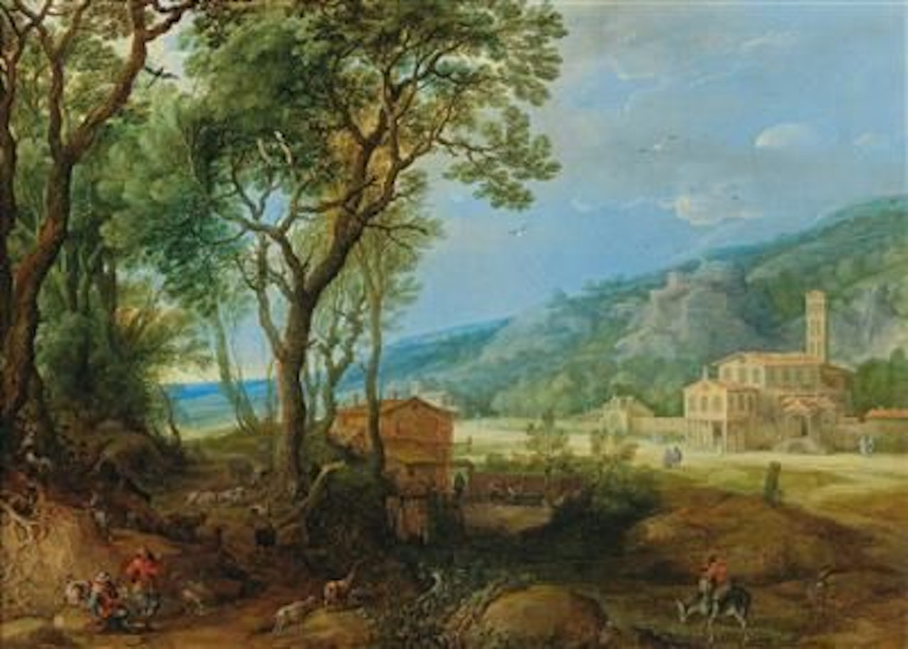 A landscape with shepherds and their flock and a monastery in the background by Adriaen van Stalbemt