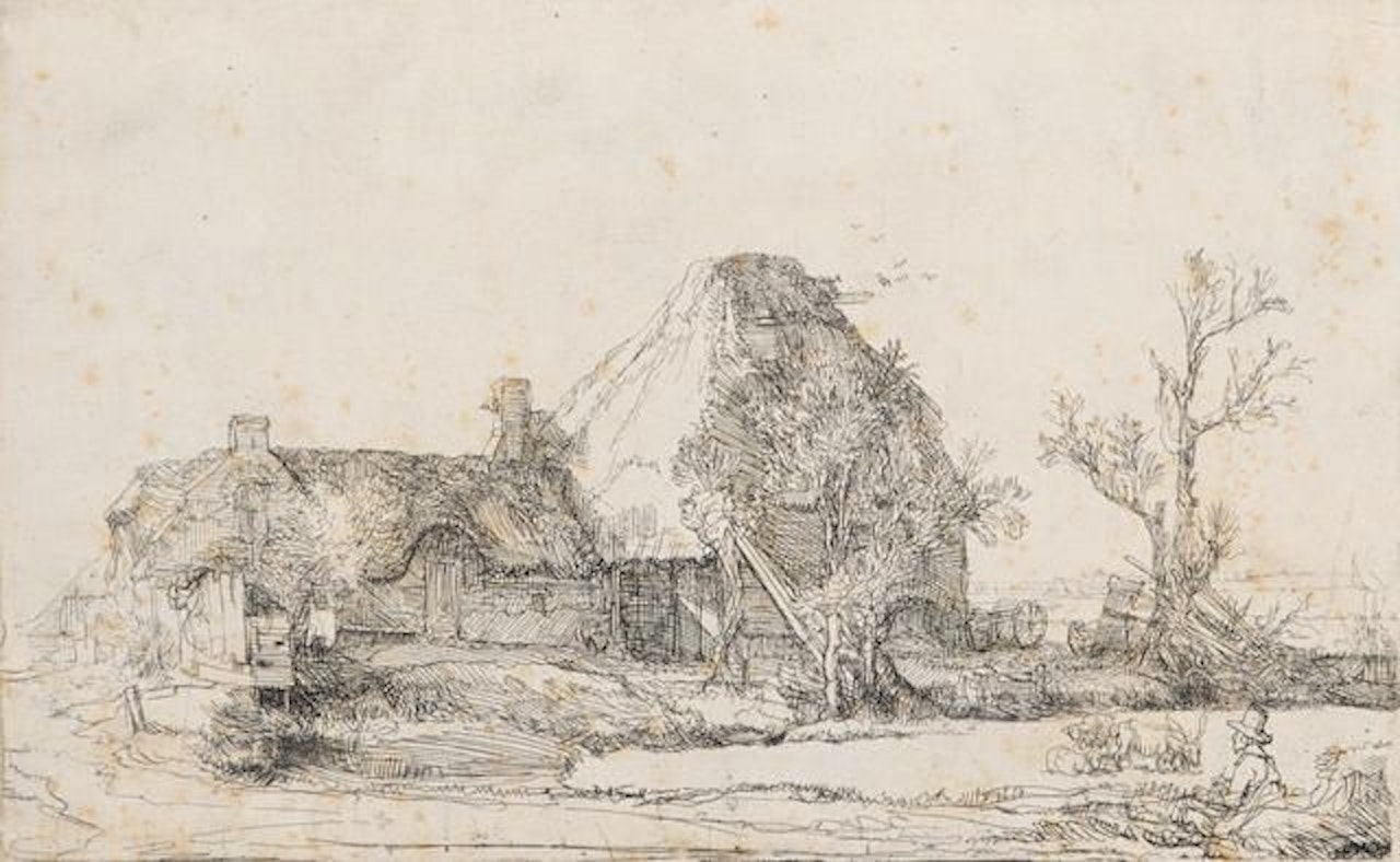 Cottages and Farm Buildings with a Man Sketching by Attributed to Rembrandt Harmensz van Rijn
