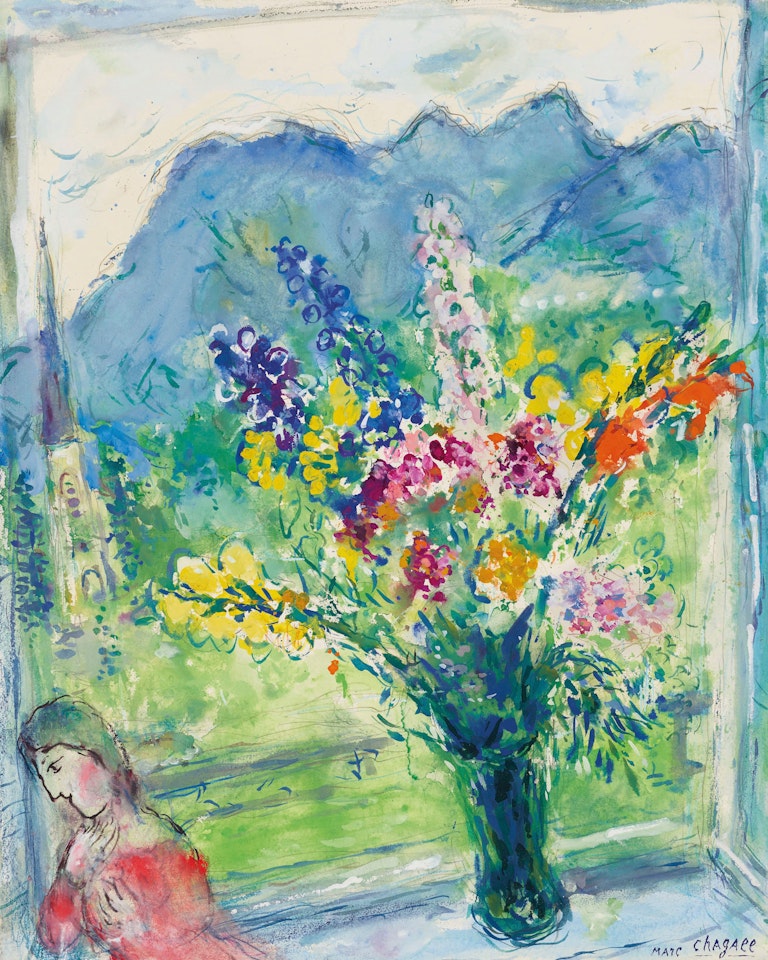 Fleurs devant le clocher by Marc Chagall