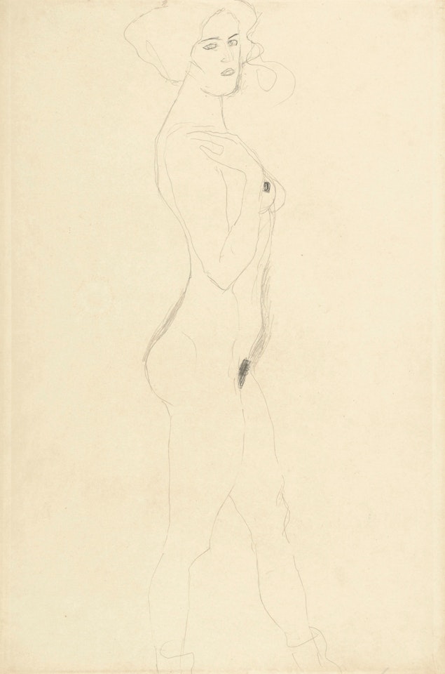 Schreitende nach rechts, die rechte Hand an der Schulter, das Gesicht dem Betrachter zugewendet by Gustav Klimt