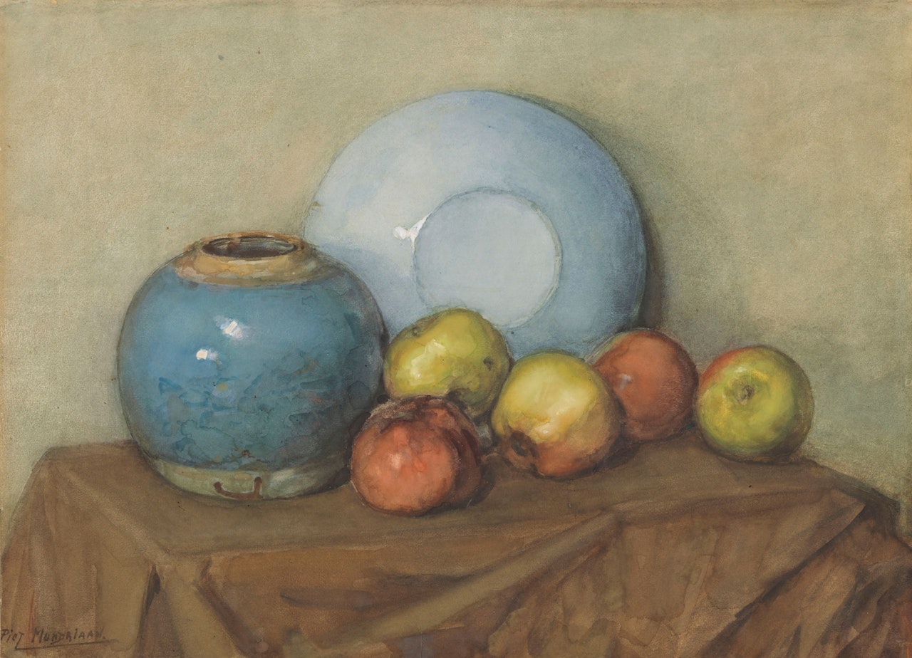 Appels, ronde pot en plaat op een tafel by Piet Mondrian
