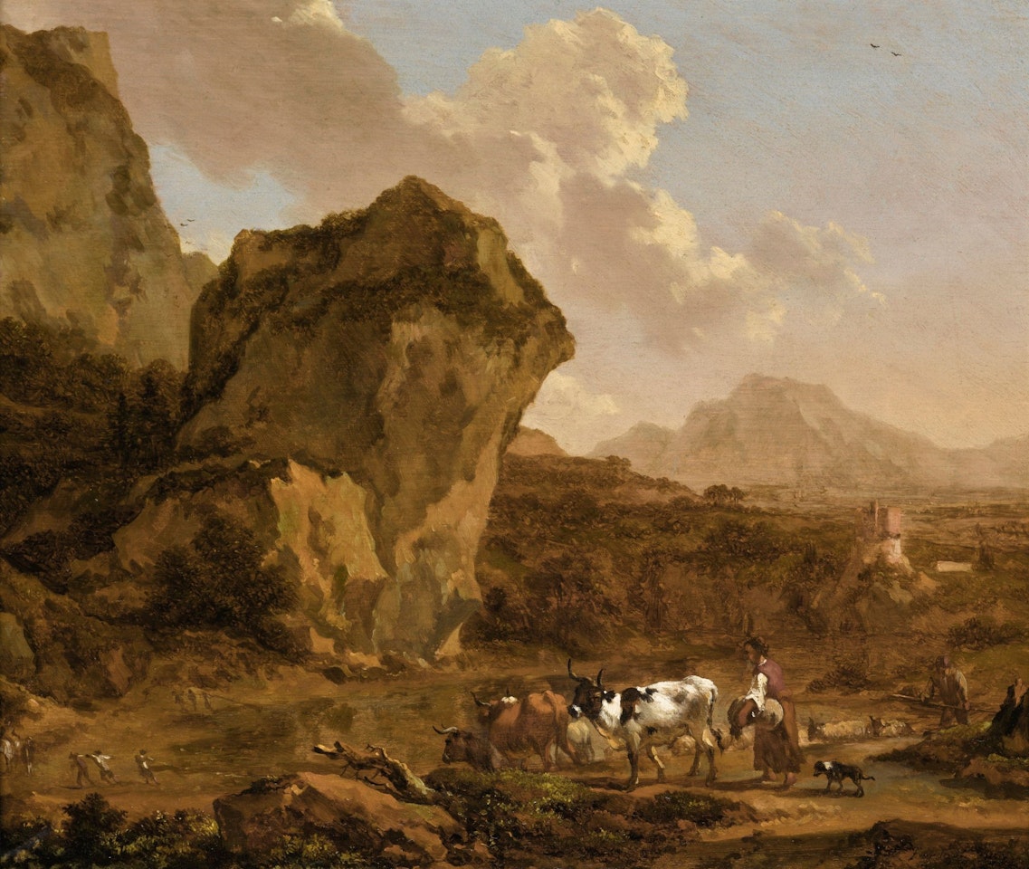 AN ITALIANATE MOUNTAIN LANDSCAPE WITH A PEASANT WOMAN HERDING HER CATTLE by Nicolaes Pietersz Berchem