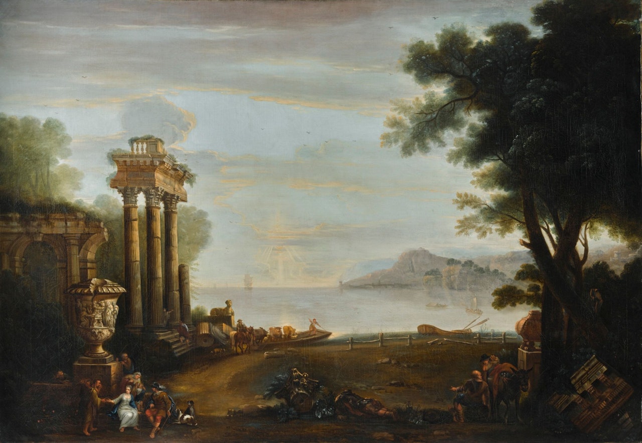 AN ITALIANATE COASTAL LANDSCAPE, WITH FIGURES BY CLASSICAL RUINS, AND A FERRY BEYOND by John Wootton