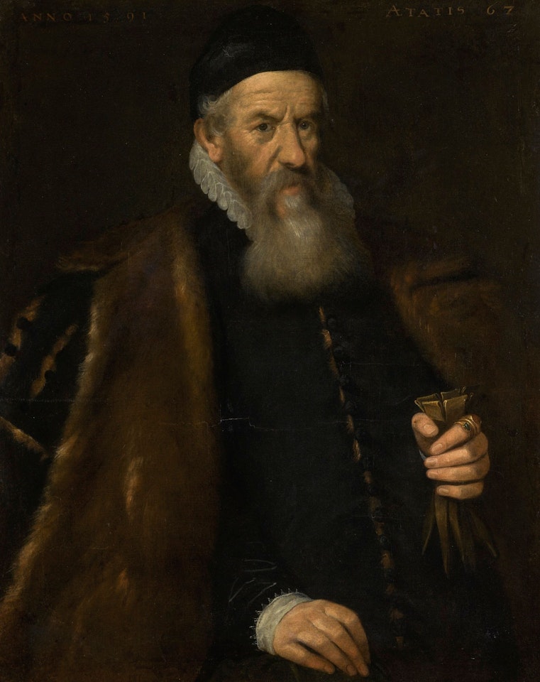 PORTRAIT OF A GENTLEMAN, THREE-QUARTER-LENGTH, WEARING A BLACK FUR-LINED CLOAK AND HOLDING A PAIR OF GLOVES by Venetian School
