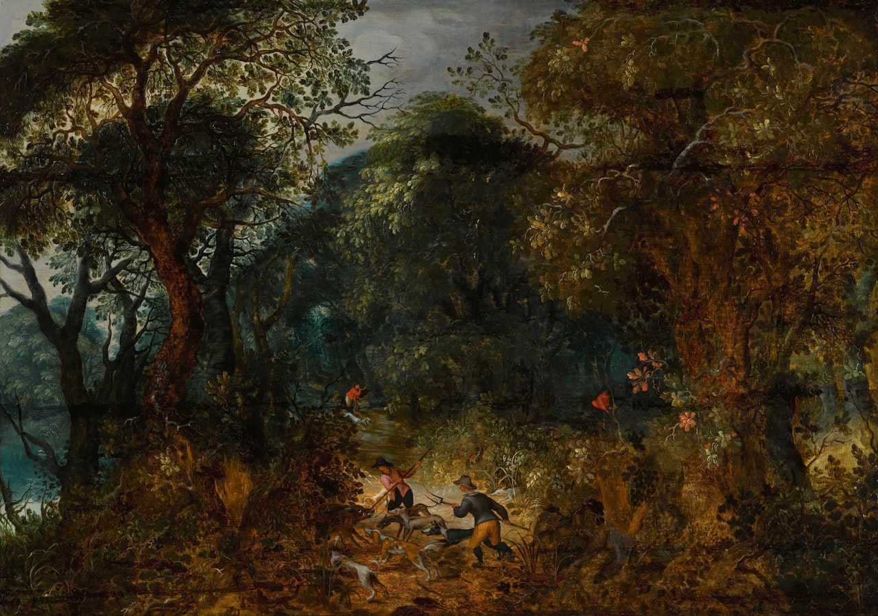 WOODED LANDSCAPE WITH A BOAR HUNT by Abraham Govaerts