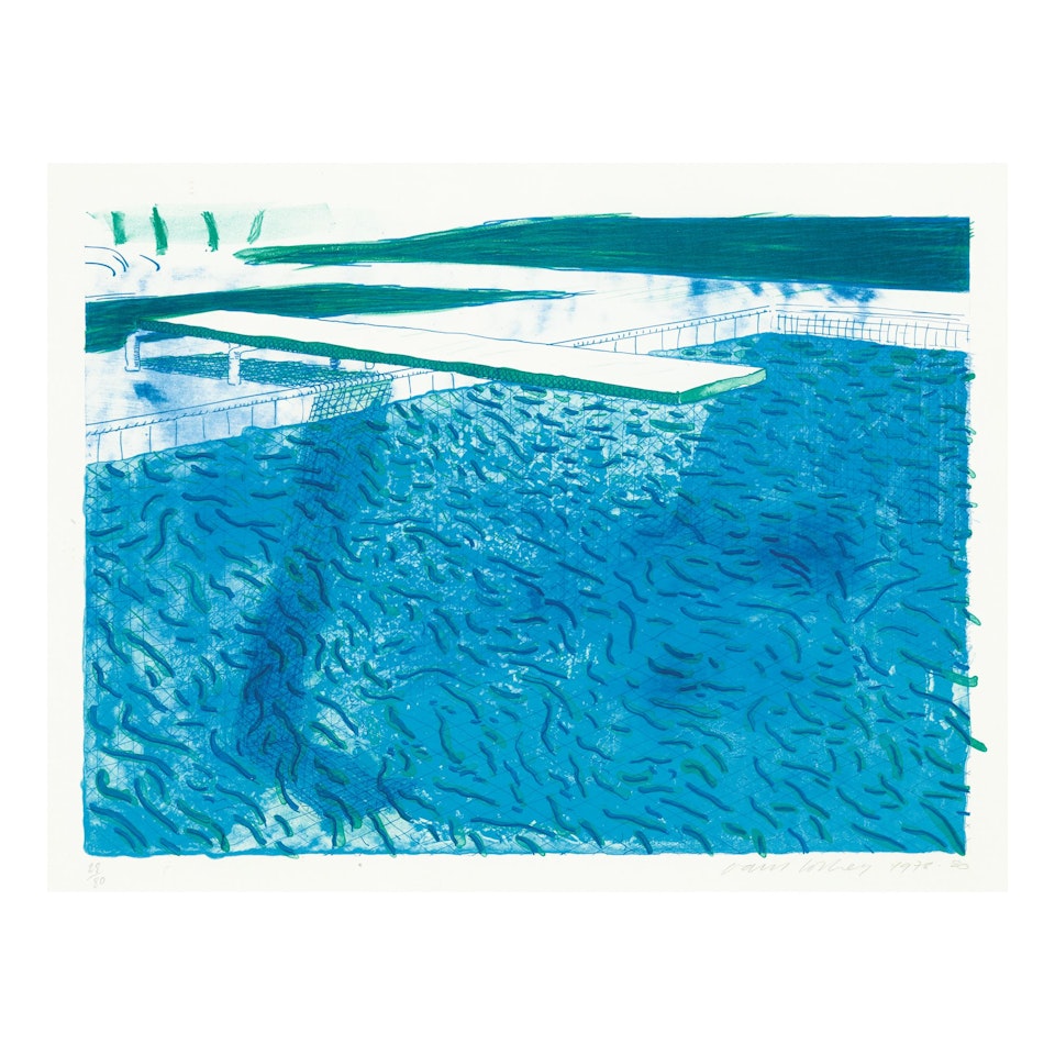 WATER MADE OF THICK AND THIN LINES, A GREEN WASH, A LIGHT BLUE WASH, AND A DARK BLUE WASH (MUSEUM OF CONTEMPORARY ART, TOKYO 202) by David Hockney