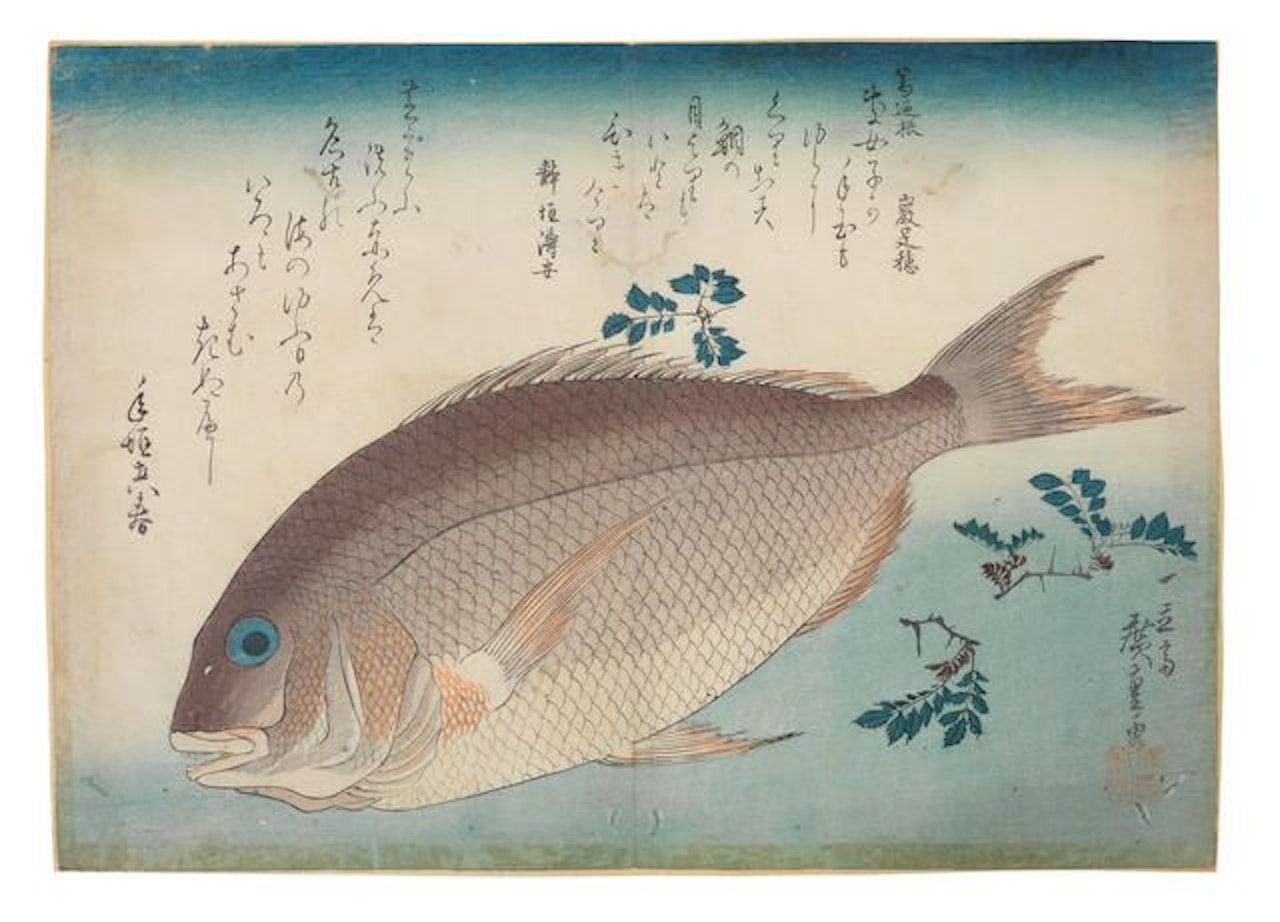 Katsuo and sakura (bonito and cherries); Ise-ebi and shiba-ebi (lobster and two shrimps); Shimadai, ainame and nanten (spotted bream, rock trout and nandina); Tai and sansho (seabream and Japanese pepper) by Utagawa Hiroshige