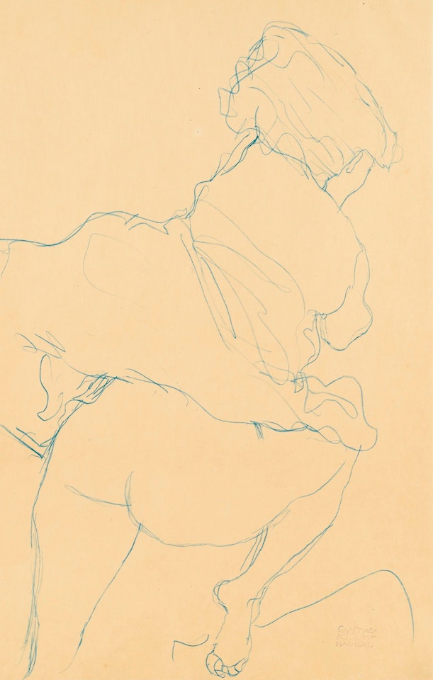 KAUERNDER HALBAKT IN RÜCKENANSICHT NACH RECHTS (SEMI-NUDE CROUCHING DOWN SEEN FROM THE BACK AND TURNED TO THE RIGHT) by Gustav Klimt