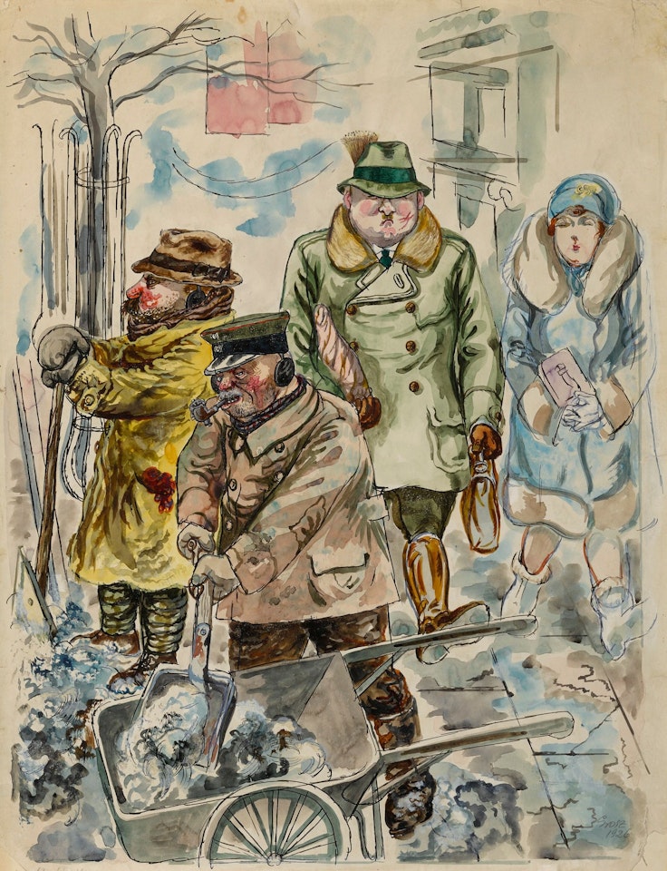 SCHNEESCHIPPER STRASSENSZENE IM WINTER, BERLIN (SNOW SHOVELER AND STREET SCENE IN WINTER, BERLIN) by George Grosz