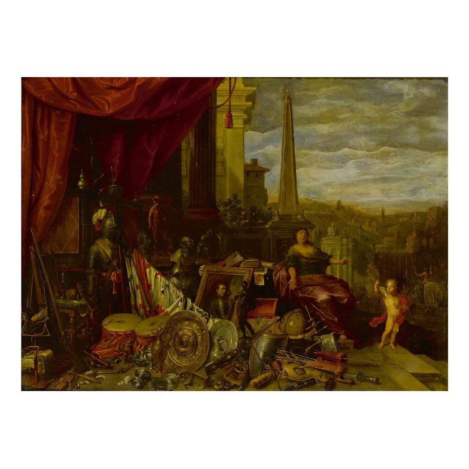 AN ALLEGORICAL STILL LIFE OF ARMOR, WEAPONS, INSTRUMENTS, VANITAS SYMBOLS, AND OTHER ELEMENTS AND FIGURES SET UPON A STONE LEDGE WITH AN OBELISK AND A CITY BEYOND by Flemish School