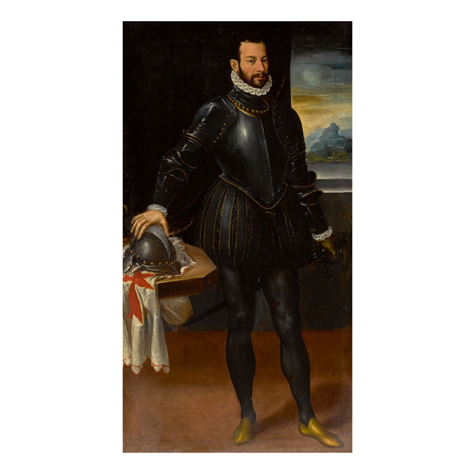 PORTRAIT OF A KNIGHT OF MALTA, IN ARMOR STANDING BESIDE A TABLE WITH HIS HELMET AND STANDARD, BEFORE A WINDOW by BOLOGNESE SCHOOL