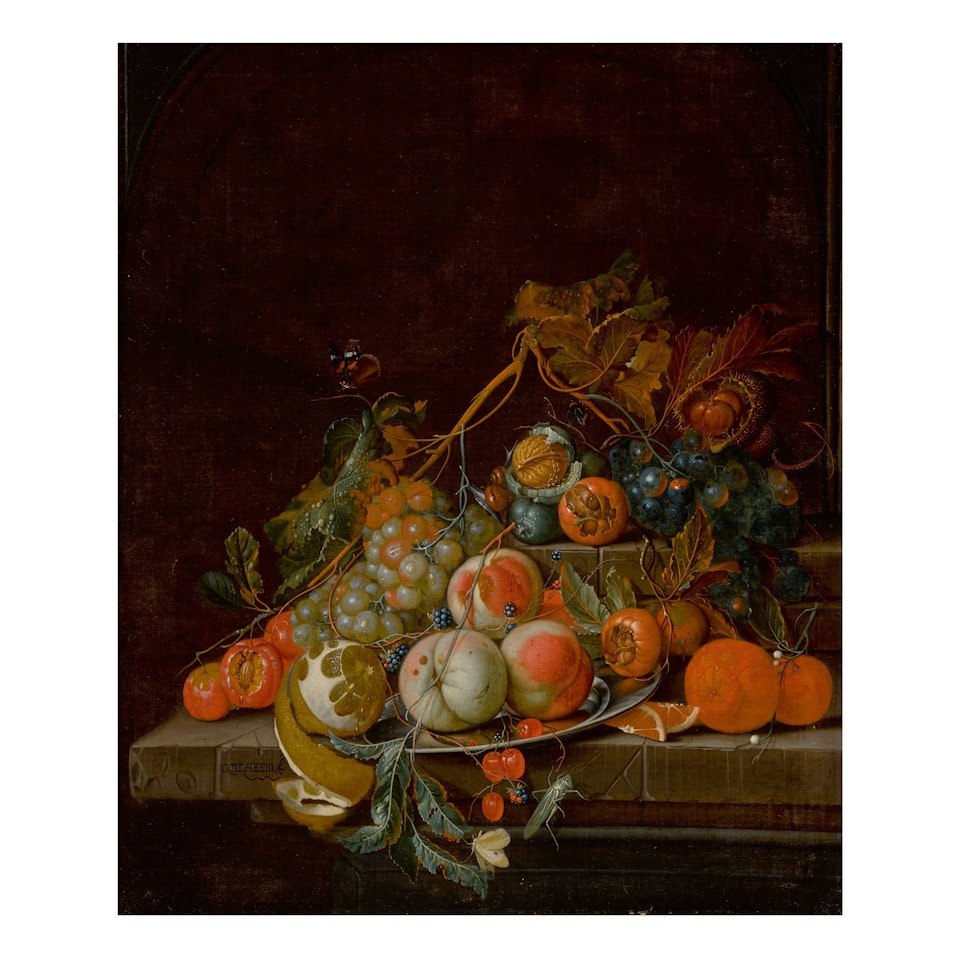 STILL LIFE OF PEACHES, GRAPES, A LEMON, ORANGES AND OTHER FRUIT ON A PEWTER PLATE RESTING ON A STONE LEDGE WITH NUTS, A GRASSHOPPER AND A BUTTERFLY, ALL IN A NICHE by Cornelis de Heem