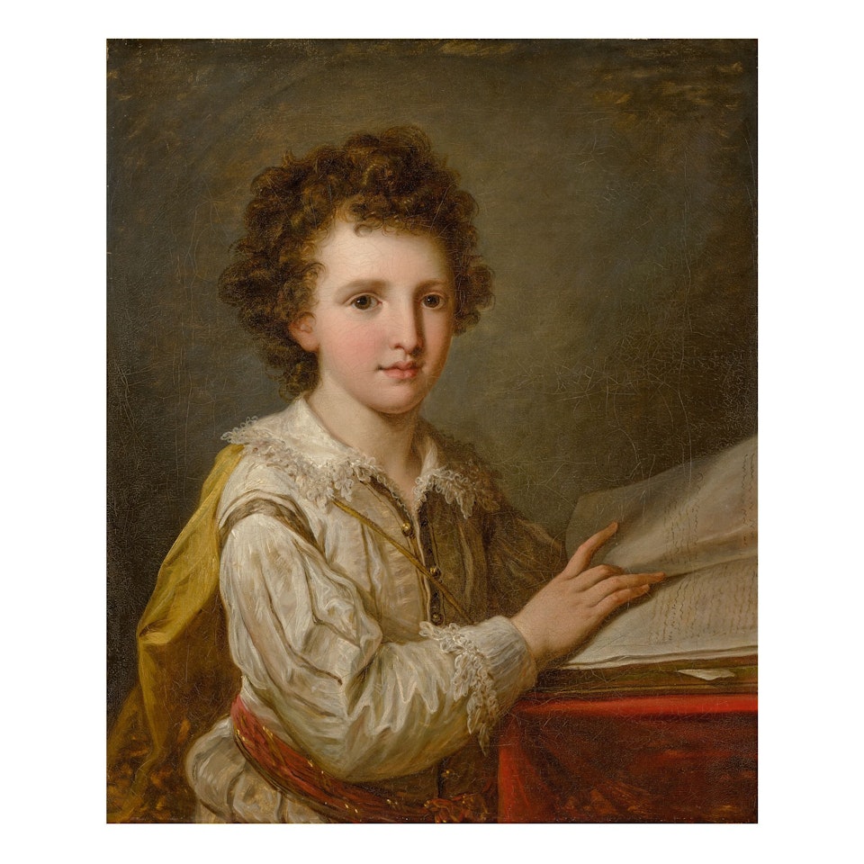 PORTRAIT OF WILLIAM HEBERDEN THE YOUNGER, M.D. (1767-1845) AS A BOY, SEATED BESIDE A TABLE by Angelica Kauffmann