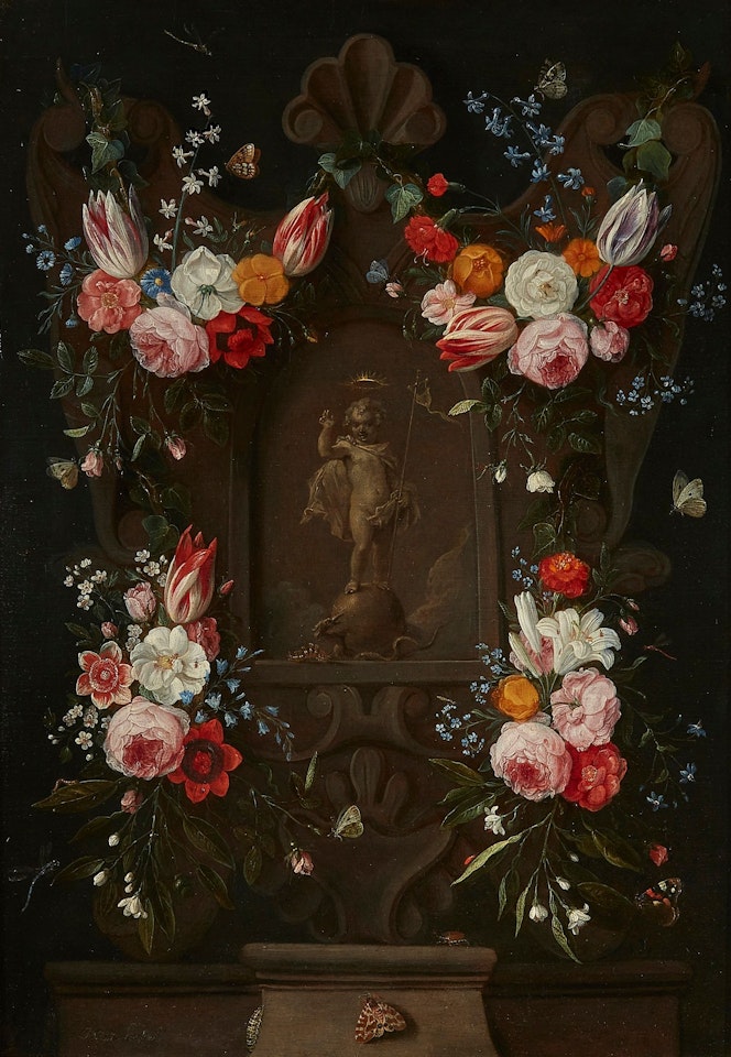 A SCULPTED CARTOUCHE WITH FLORAL STILL LIFE, WITH THE CHRIST CHILD AS SALVATOR MUNDI by Jan Van Kessel The Elder