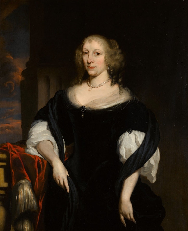 PORTRAIT OF MARIA VON TOREP, DAME VON QUADT-WYKRADT (1615 – 1654), HALF-LENGTH, DRESSED IN BLACK VELVET BEFORE A SUNSET LANDSCAPE by Nicolaes Maes