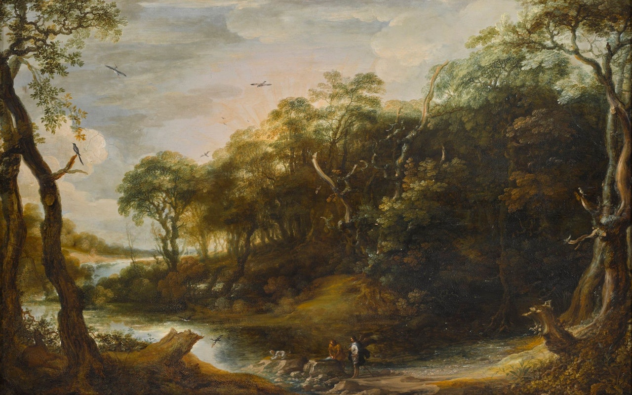 WOODED RIVER LANDSCAPE WITH TOBIAS AND THE ANGEL by Adriaen van Stalbemt