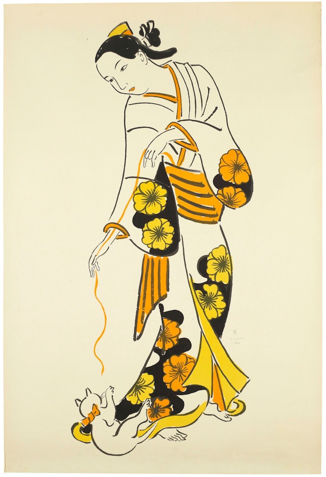 Geisha Jouant avec un Chaton (Geisha Playing with a Kitten) by Leonard Tsuguharu Foujita