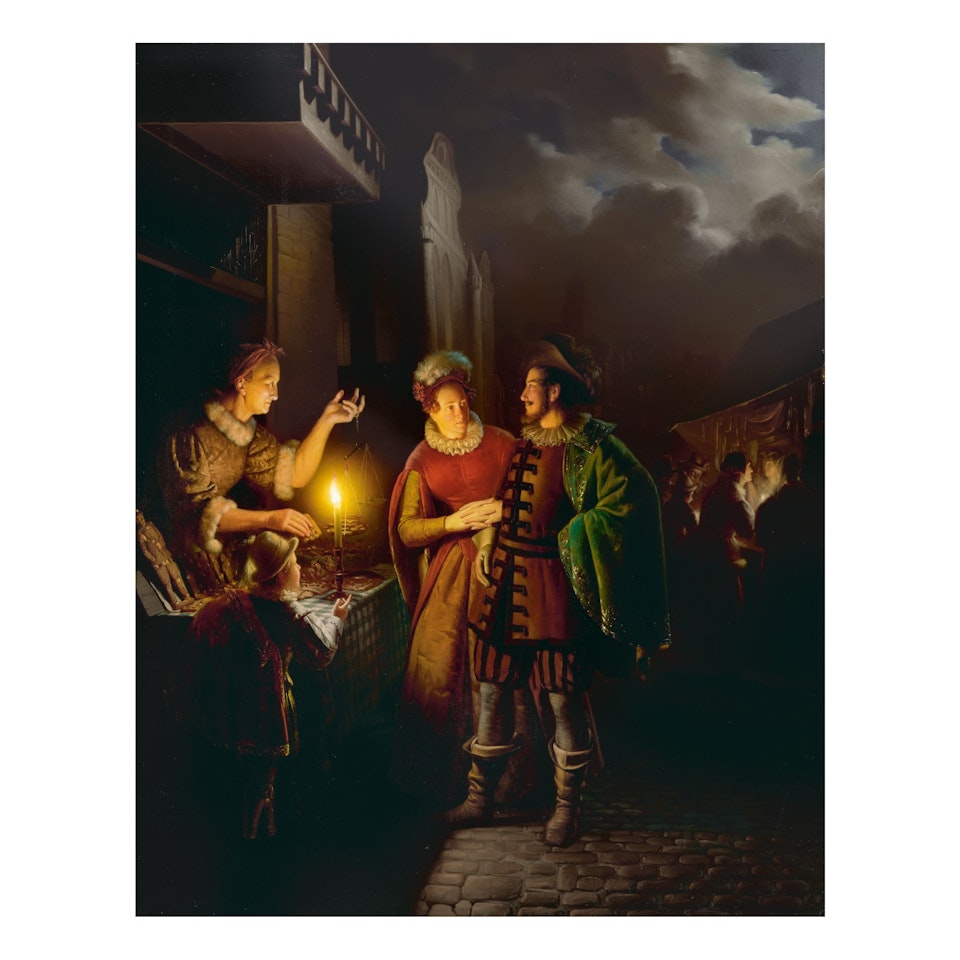 A GINGERBREAD SELLER BY CANDLELIGHT by Petrus van Schendel