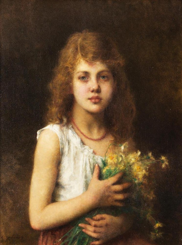 Young girl with a bunch of marguerites by Alexei Harlamoff