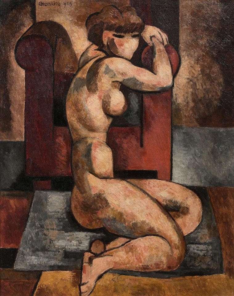 Nude leaning on the red armchair by Marcel Gromaire