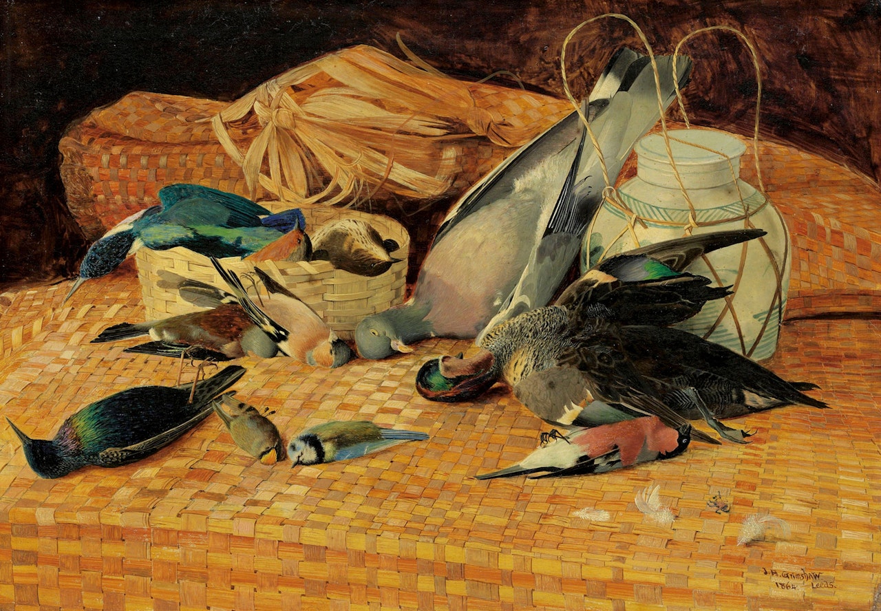 Still life of birds on a wicker basket by John Atkinson Grimshaw