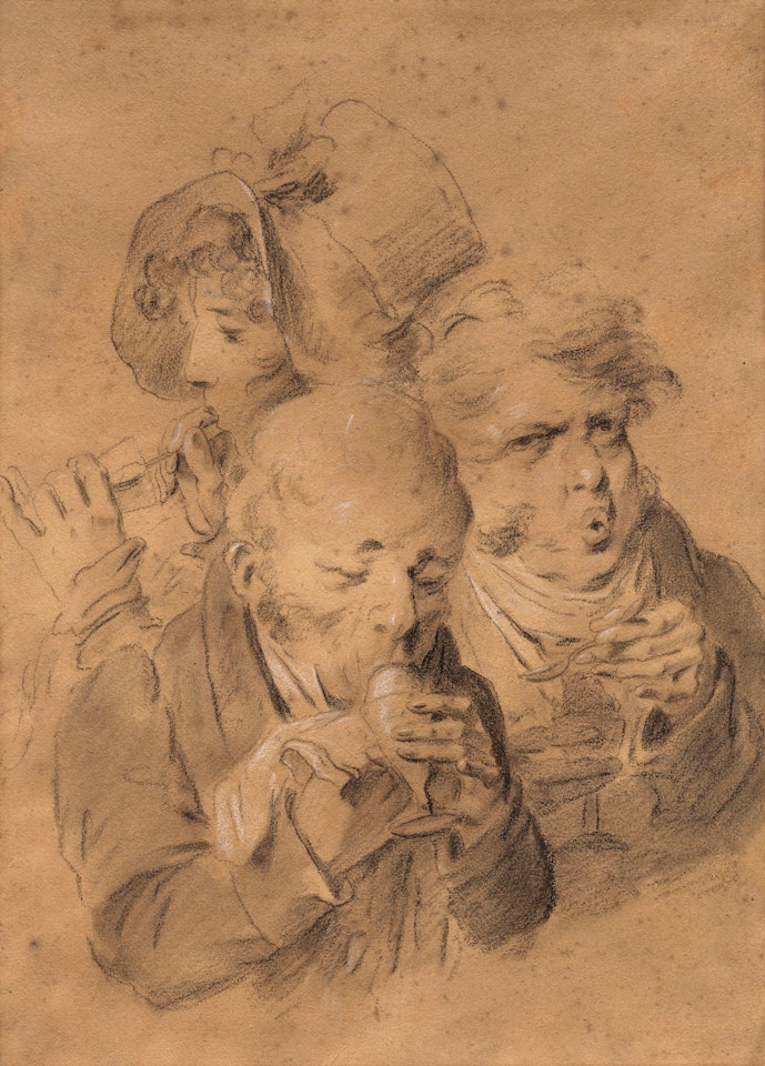 A caricature with two men and a woman eating ice by Louis-Leopold Boilly