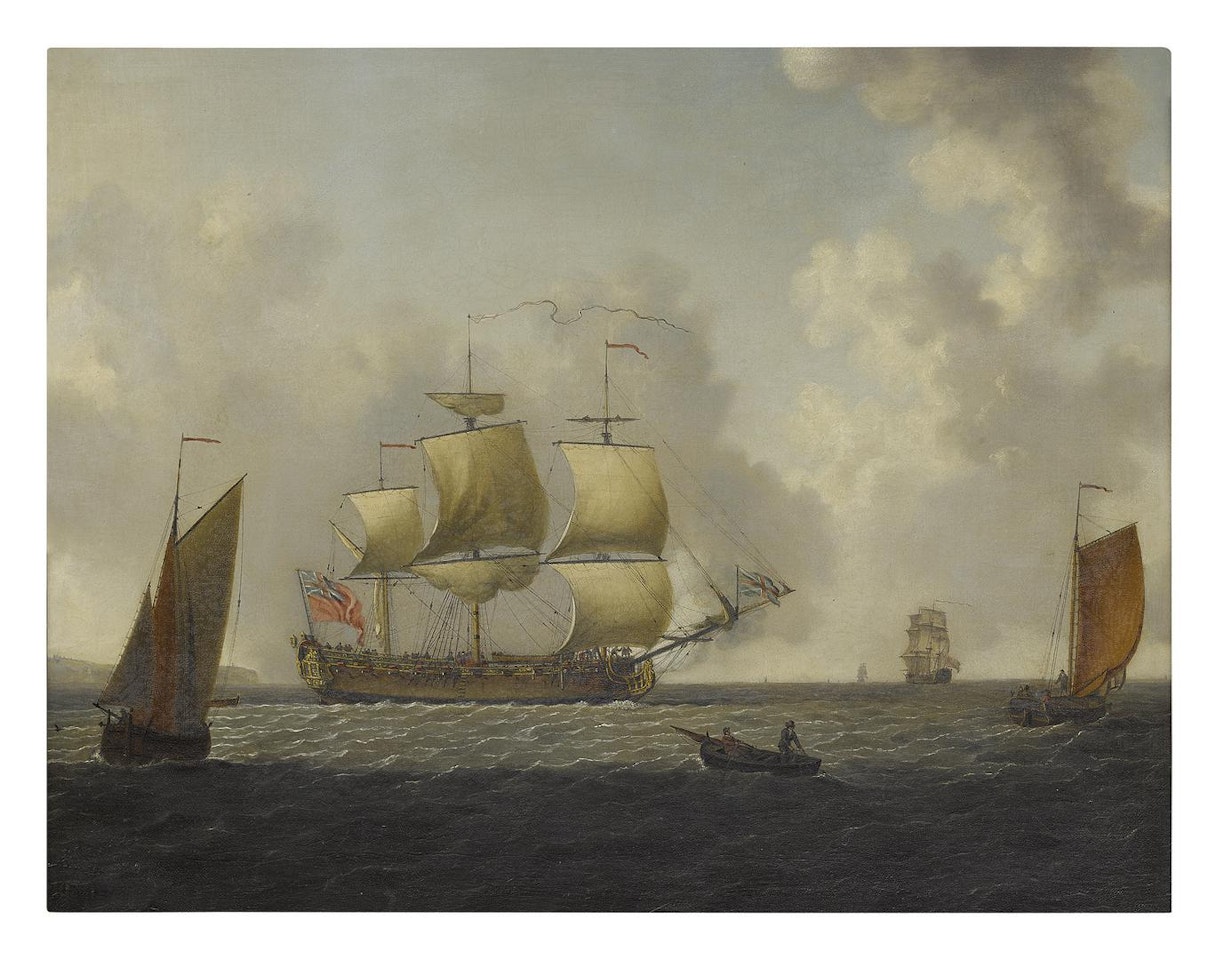 AN ENGLISH MAN-O'-WAR WITH OTHER SHIPS SAILING IN A FRESH BREEZE by Francis Swaine