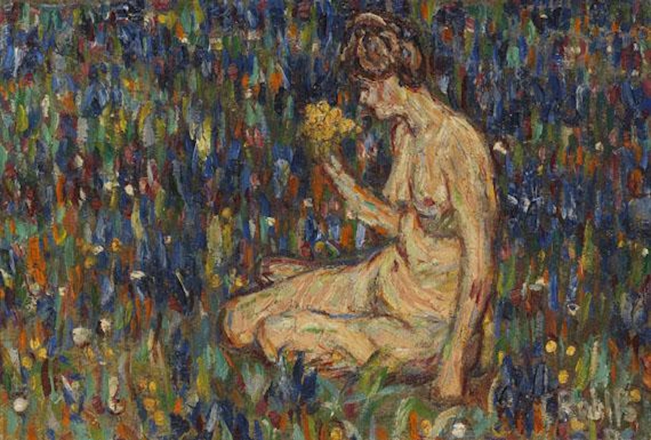 Frauenakt mit gelbem Blumenstrauß (Mädchen auf der Wiese) by Christian Rohlfs