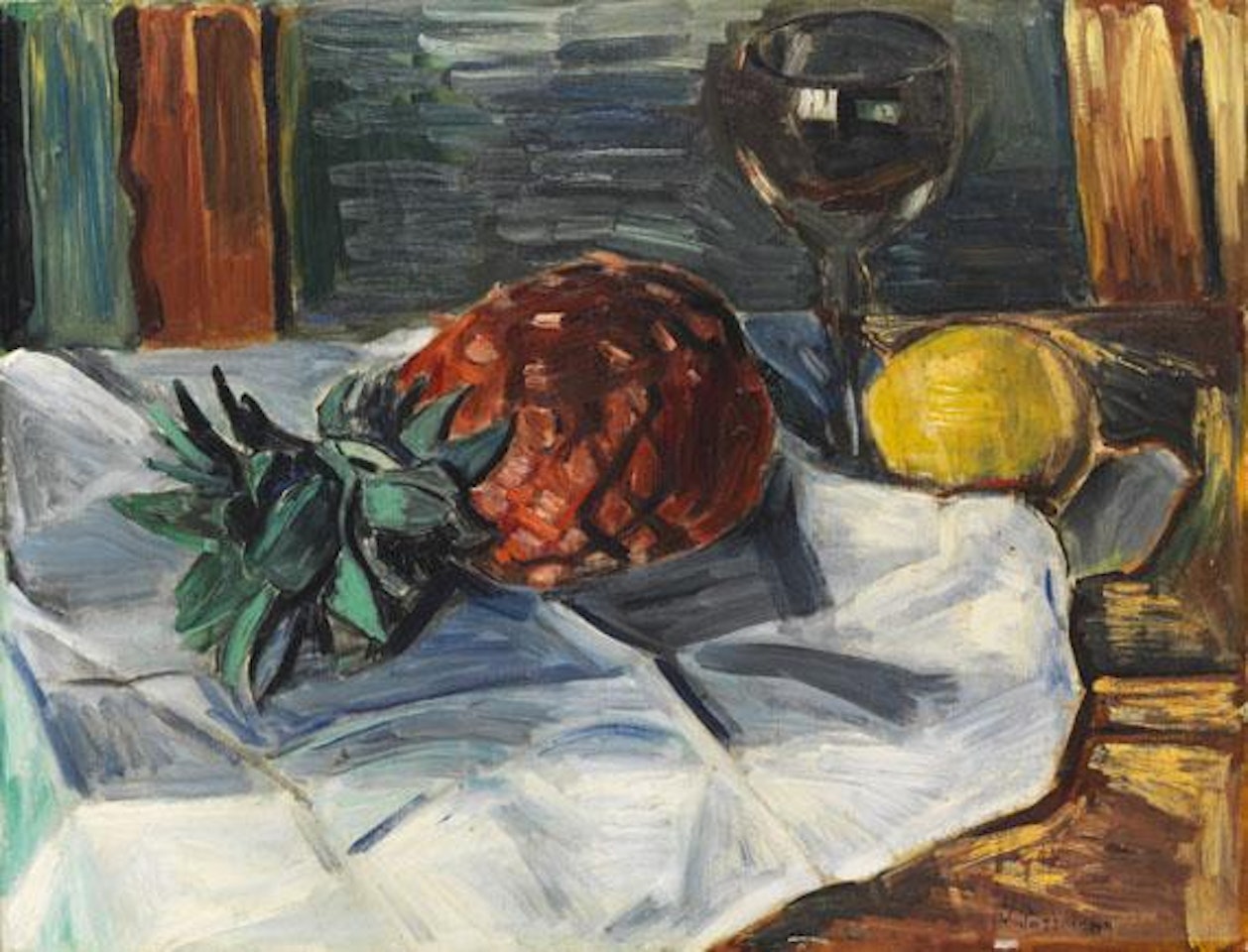 Stillleben mit Ananas, Zitrone und Weinglas by Hans Purrmann