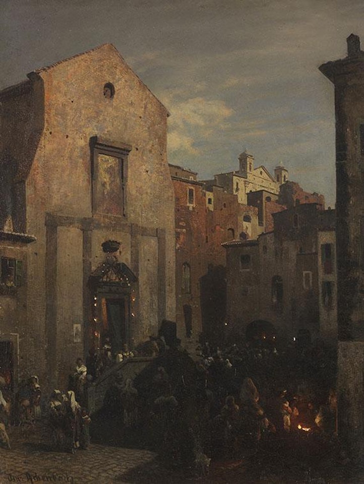 Italienische Stadtansicht bei einbrechender Nacht by Oswald Achenbach