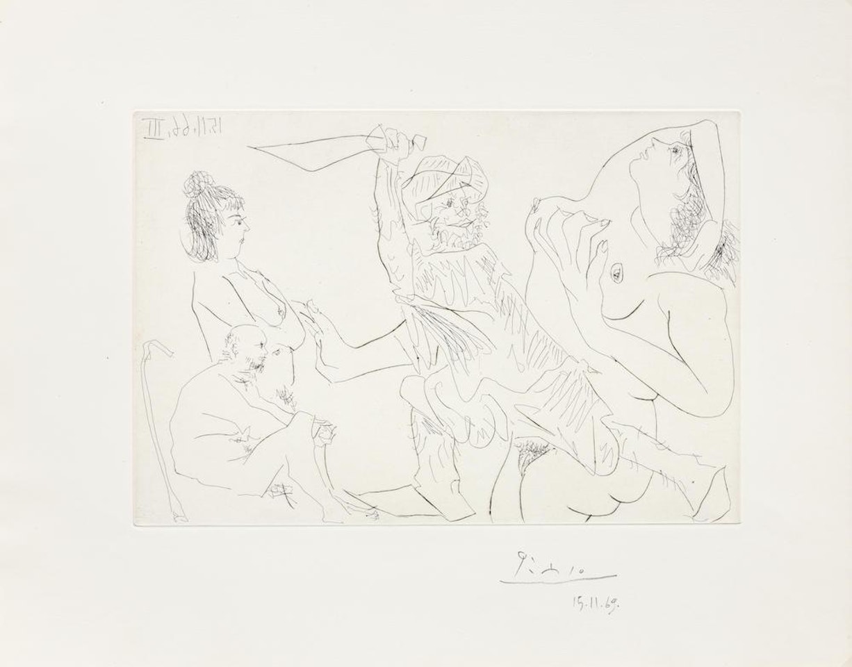 Homme en babouches menaçant d'un poignard une femme nue devant deux spectateurs âgés, from El Entierro del Conde Orgaz (Bloch ; Baer 1377) by Pablo Picasso