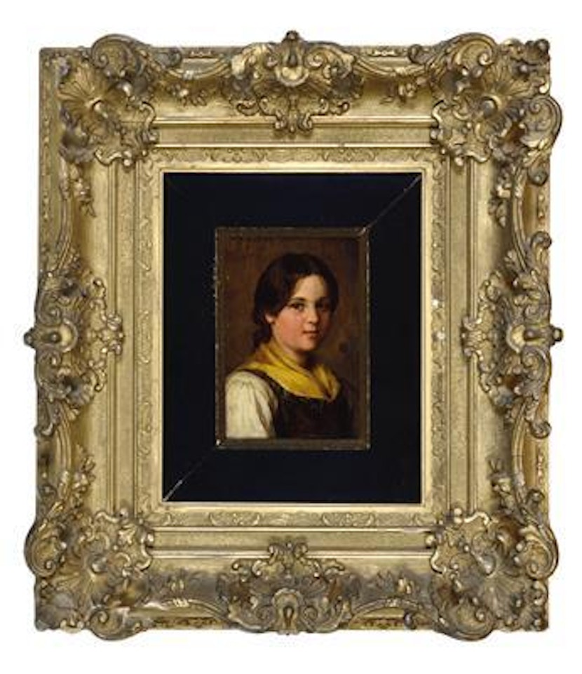 Portrait of a girl with yellow shawl, autographed Defregger by Franz von Defregger