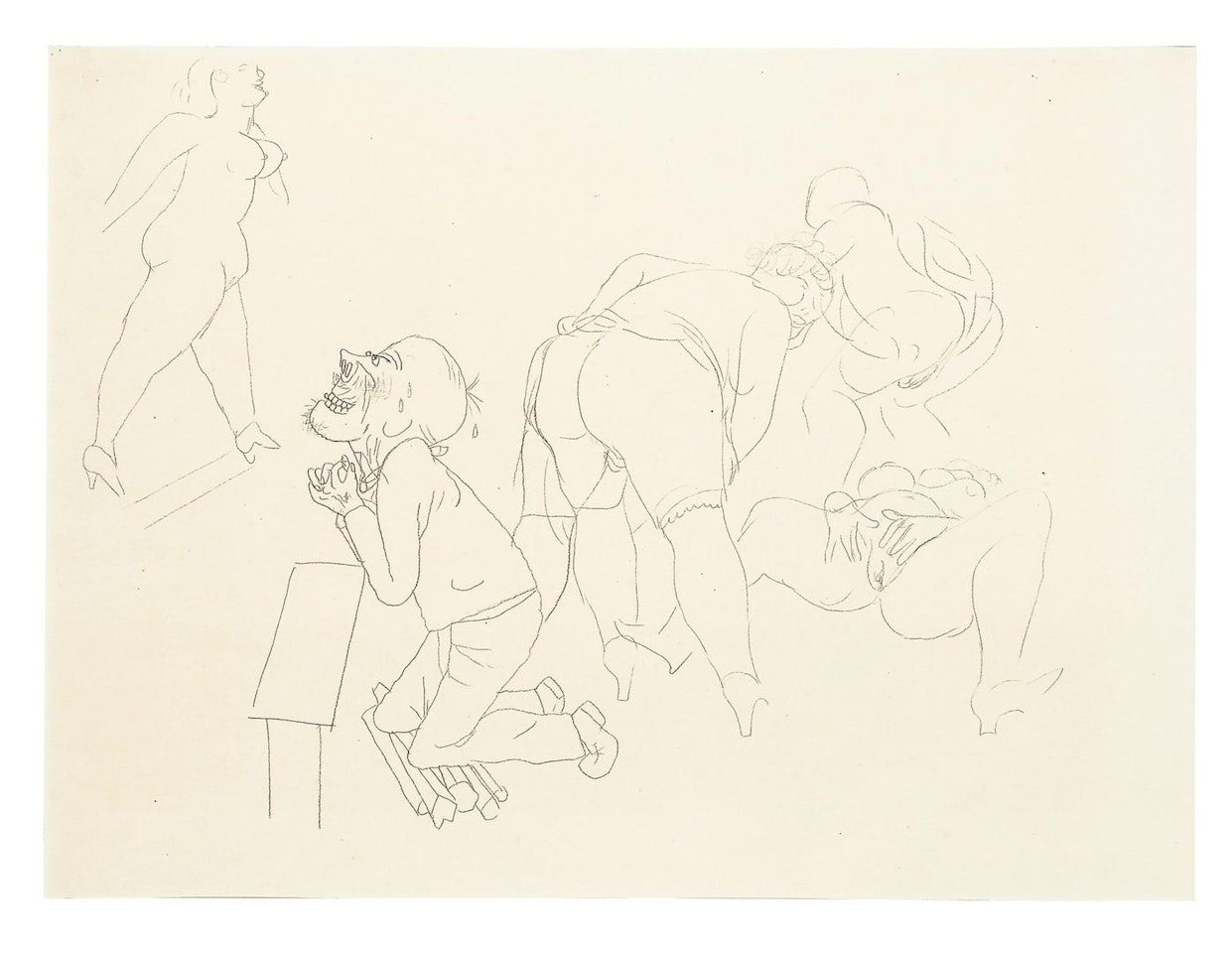 An erotic scene with a man and four women by George Grosz