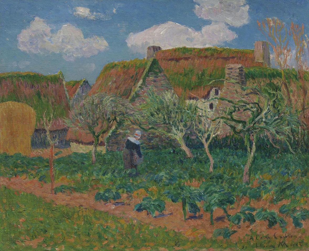 Bretonnes jardinant près des chaumières by Henry Moret