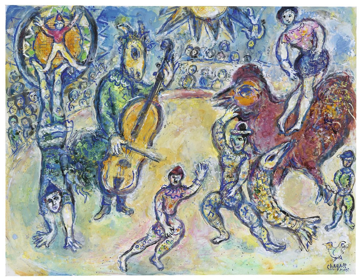 L'ANE AU VIOLONCELLE OU CIRQUE AU SOLEIL OU VARIANTE DU "CIRQUE SUR FOND NOIR" - RECTO ESQUISSE NON RETENUE POUR LA COMMEDIA DELL'ARTE - VERSO by Marc Chagall