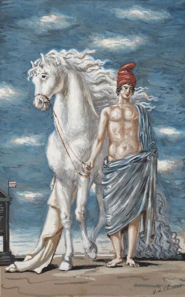 GUERRIERO FRIGIO COL SUO CAVALLO E UN TEMPIETTO (PHRYGIAN WARRIOR WITH HIS HORSE AND A SMALL TEMPLE) by Giorgio de Chirico