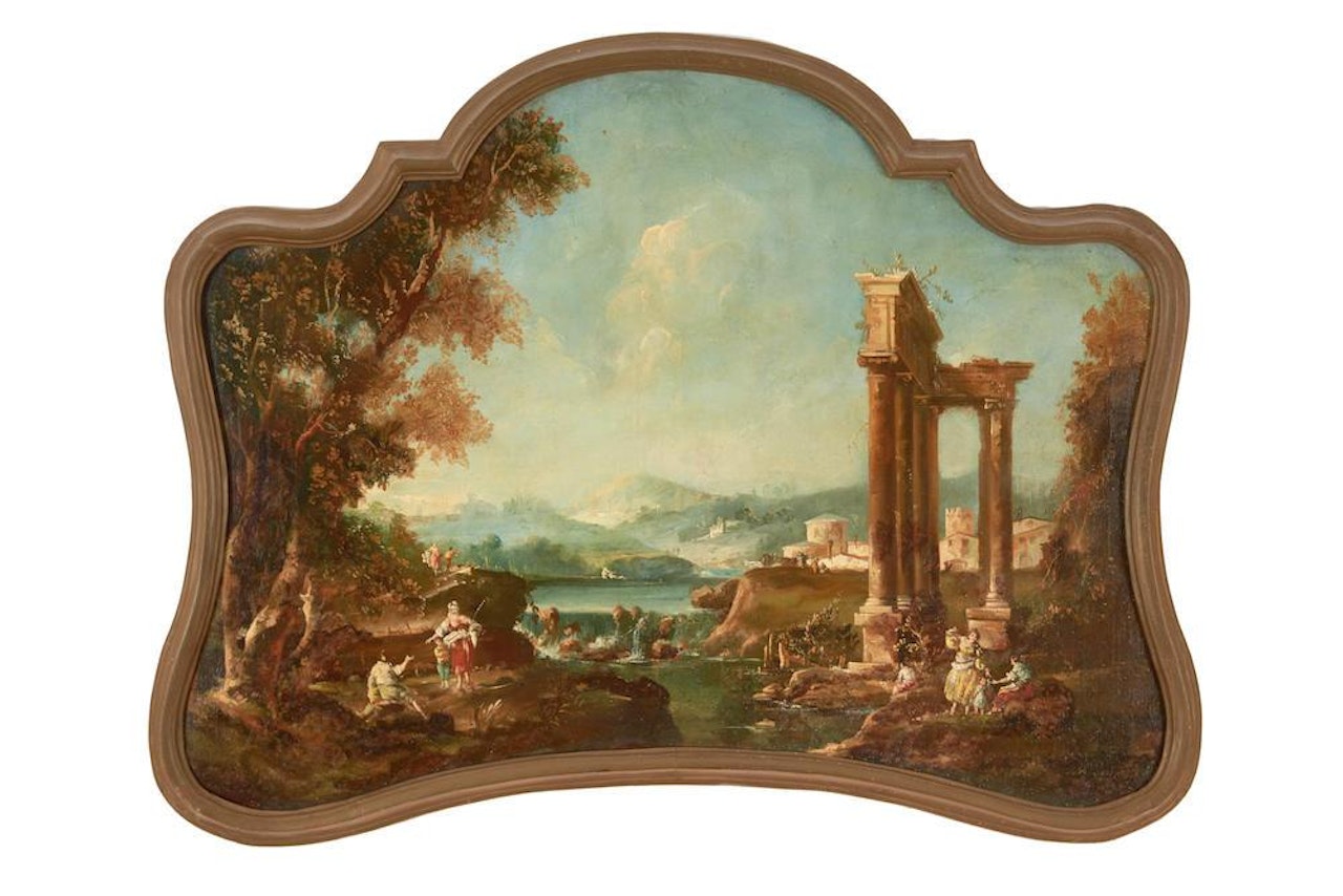 A capriccio landscape with figures by a stream by Italian School