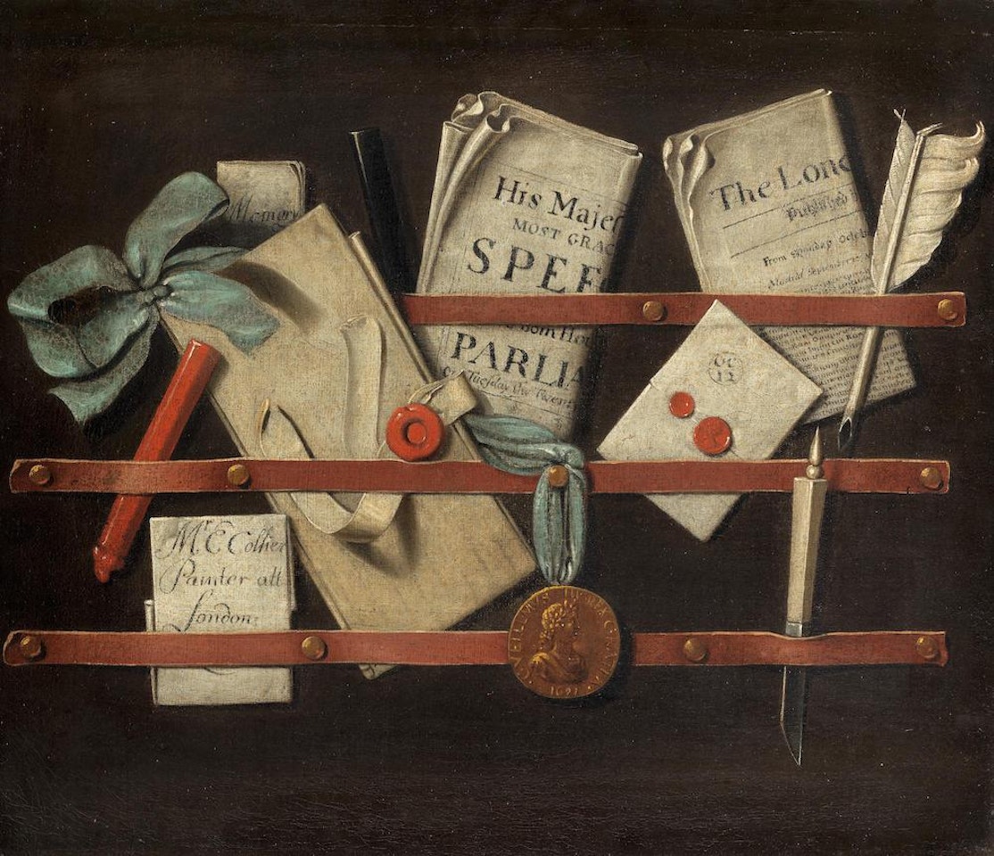 A trompe l'oeil still life of a letter rack with a quill pen, pamphlets, sealing wax and various papers by Edward Collier