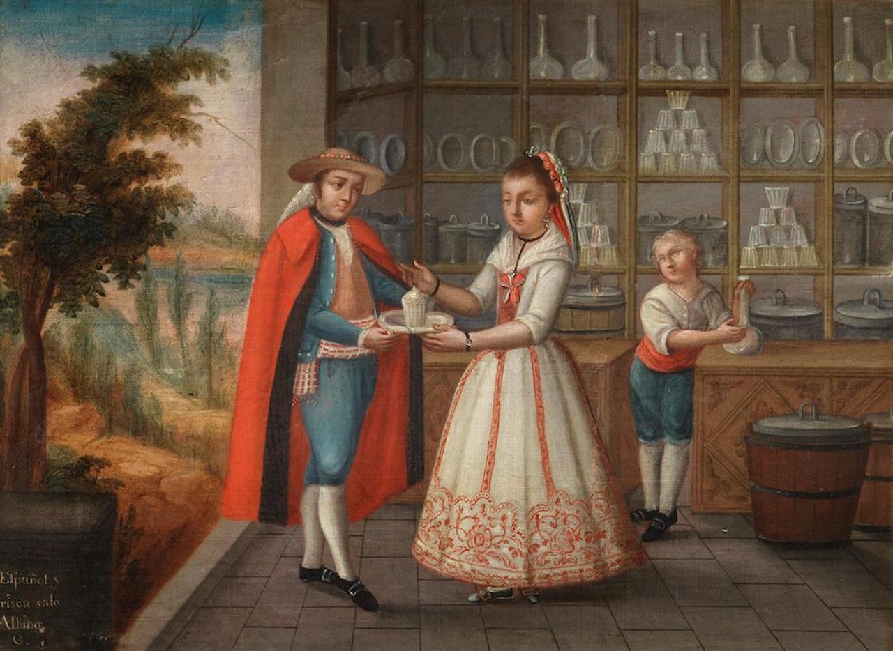 De Español y Morisca sale Albino; and De Mestisa y Español sale Castisa by Mexican School
