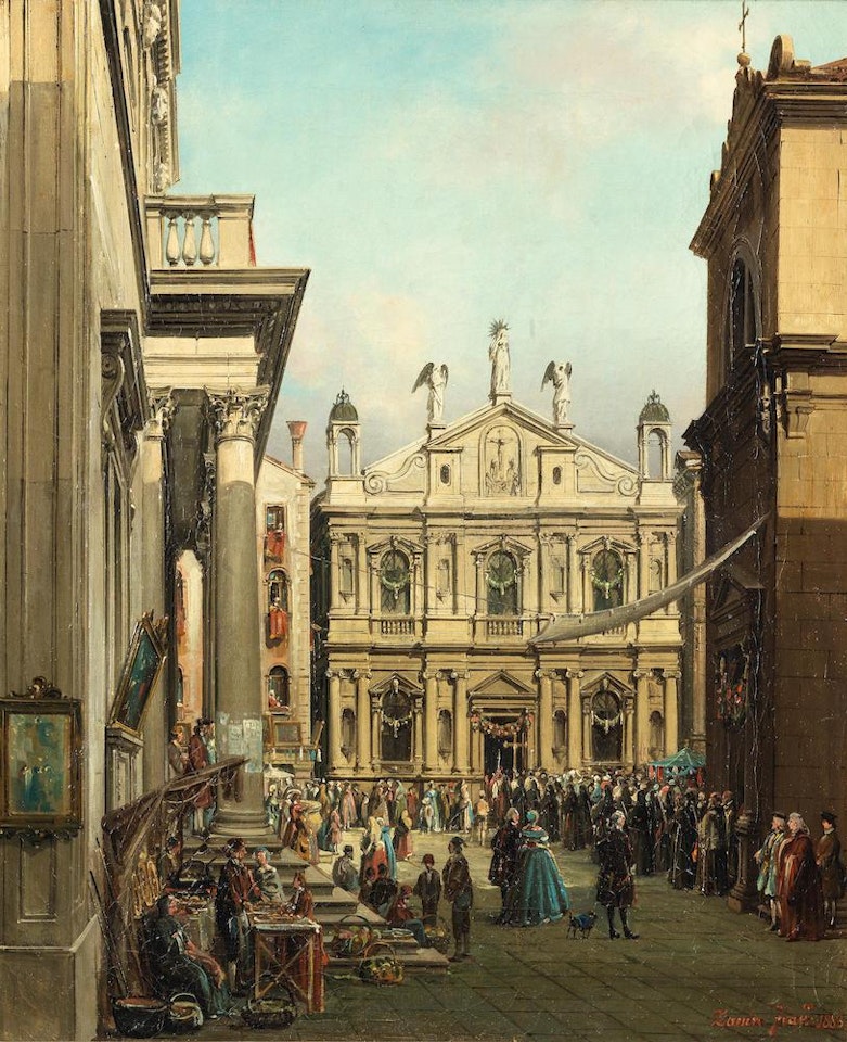 The Doge visiting the Church of San Rocco, Venice; and A procession before the Scuola of San Fantin, Venice by Francesco Zanin