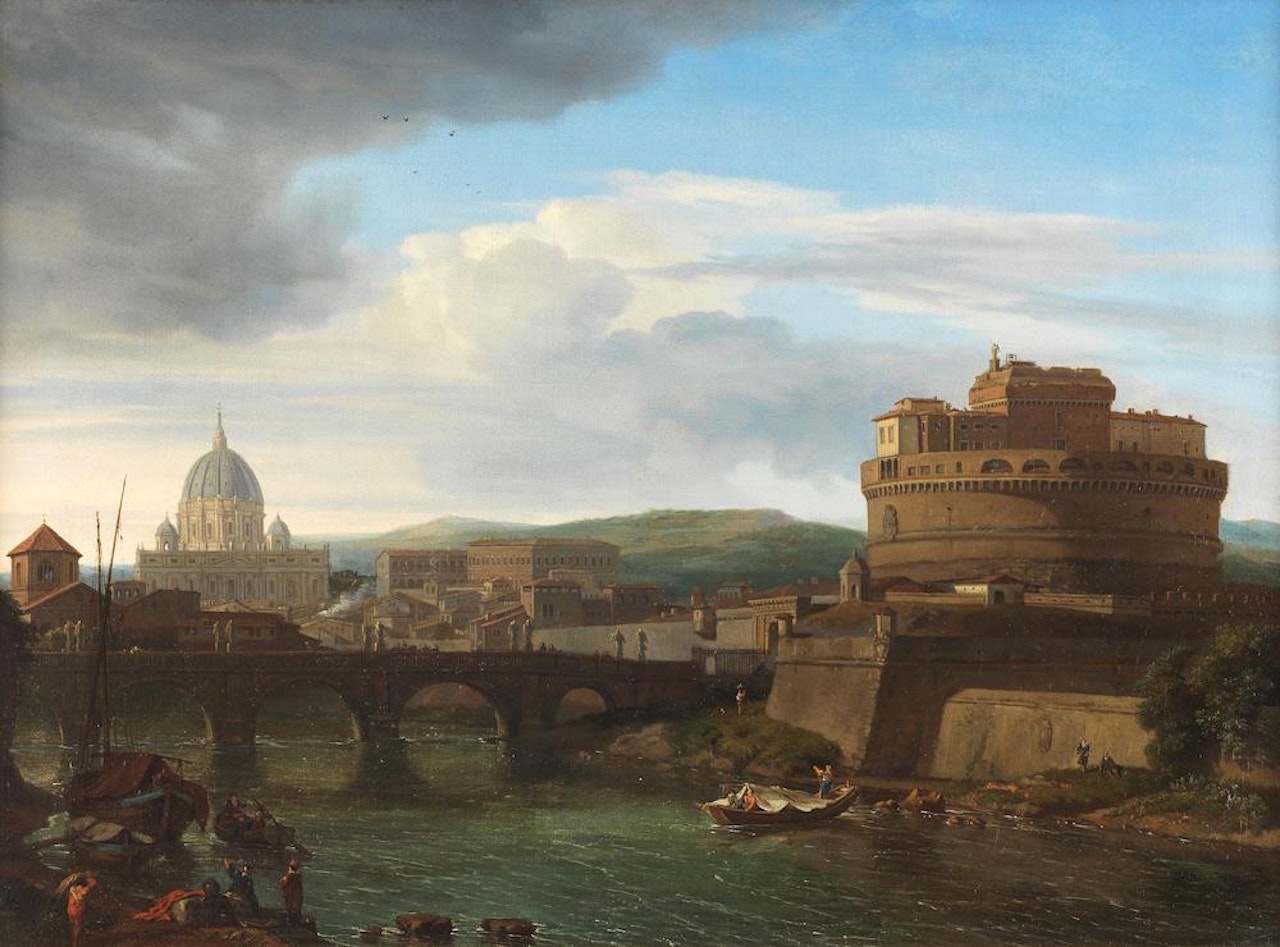 A view of the Tiber, Rome, with the Castel Sant'Angelo and Saint Peter's beyond by Isaac de Moucheron