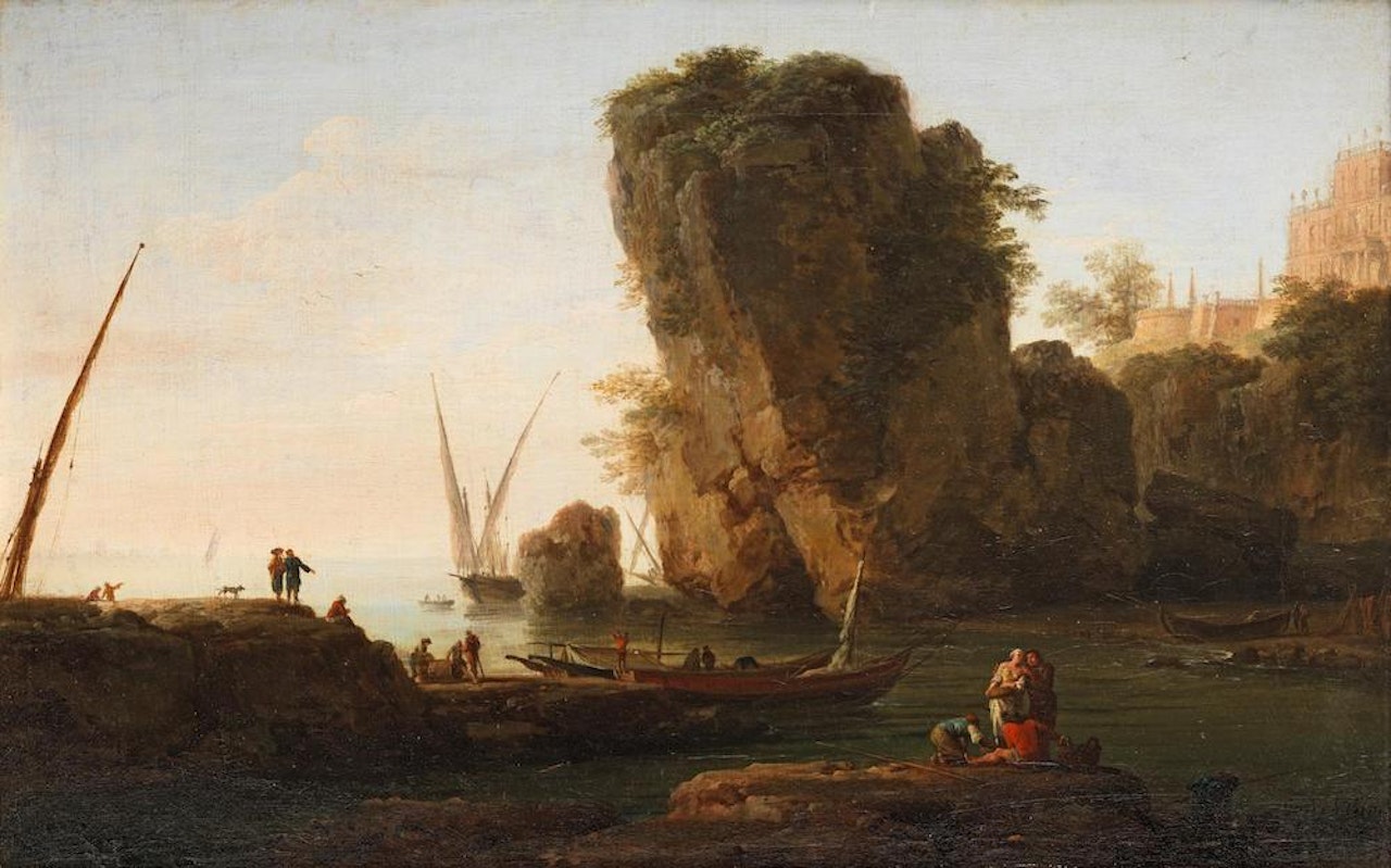 A cove on a rocky Mediterranean coast, with small vessels and fishermen by Claude Joseph Vernet